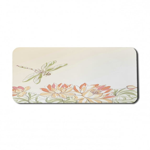 Dragonfly Computer Mouse Pad, Lotus Flower Field Winged Bug Flying Oriental Blooms Print, Rectangle Non-Slip Rubber Mousepad X-Large, 35" x 15" Gaming Size, Cream Peach Coral, by Ambesonne