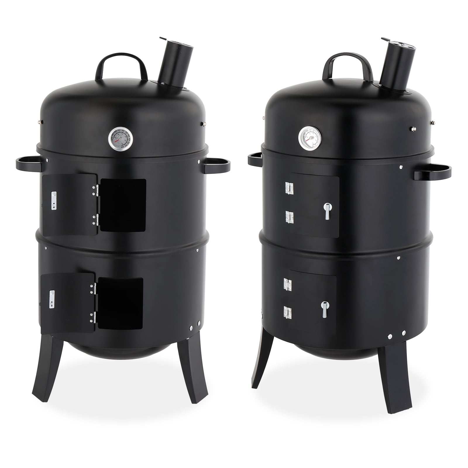 Vertical Cylindrical Outdoor Charcoal Meat Smoker, Matte Black Powder Coated Heavy Duty Iron BBQ Smoker Grill with Smoke Chimney for Backyard Fish Pork Smoking Cooking