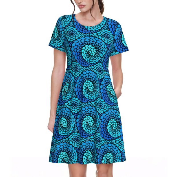 Easygdp Snake para Vestido Transpirable de Mujer, Vestido Suelto de Manga Corta con Pliegues y Bolsillos para el Verano