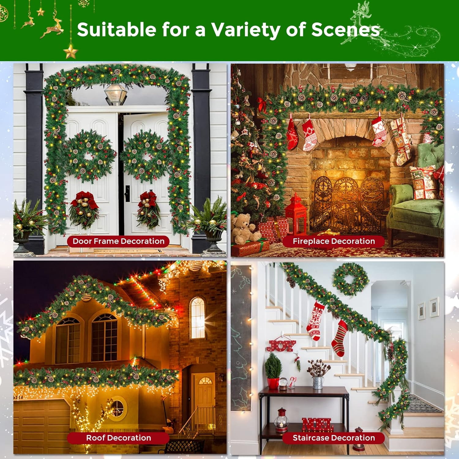 BN-LINK 9Ft Christmas Garland with 8 Lighting Modes, Battery Operated Garland with Pine Cones Red Berries, 50 LED Lights & 240 Branch Tips, Christmas Decor for Indoor Outdoor Home