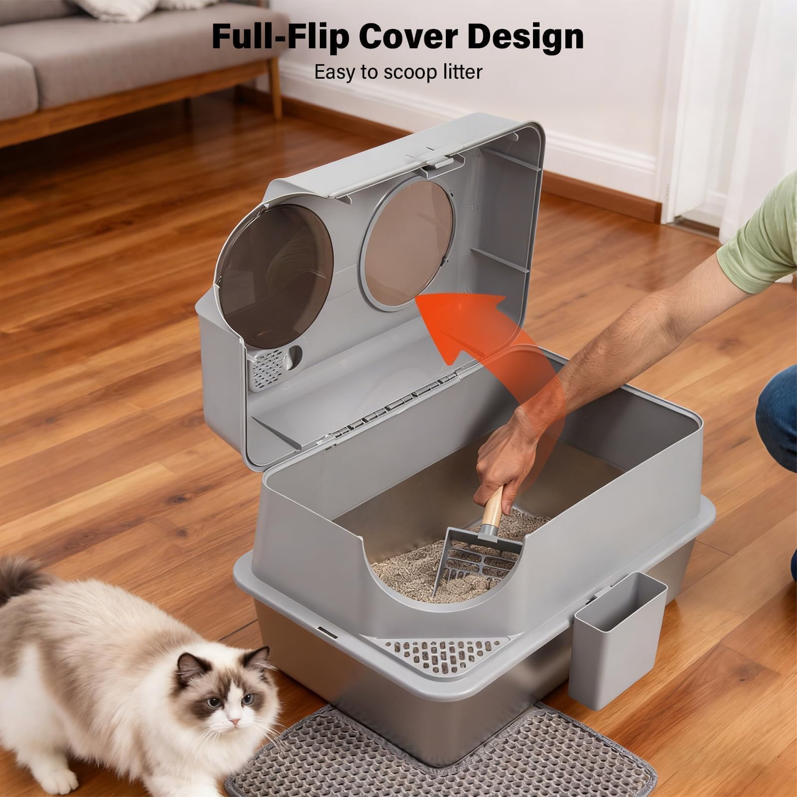 Stainless Steel Litter Box With Lid  Extra Large Enclosed Cat For Big Cats Metal High Sided Enclosure & Scoop Front Top Entry Odor Free Anti-leakage Grey