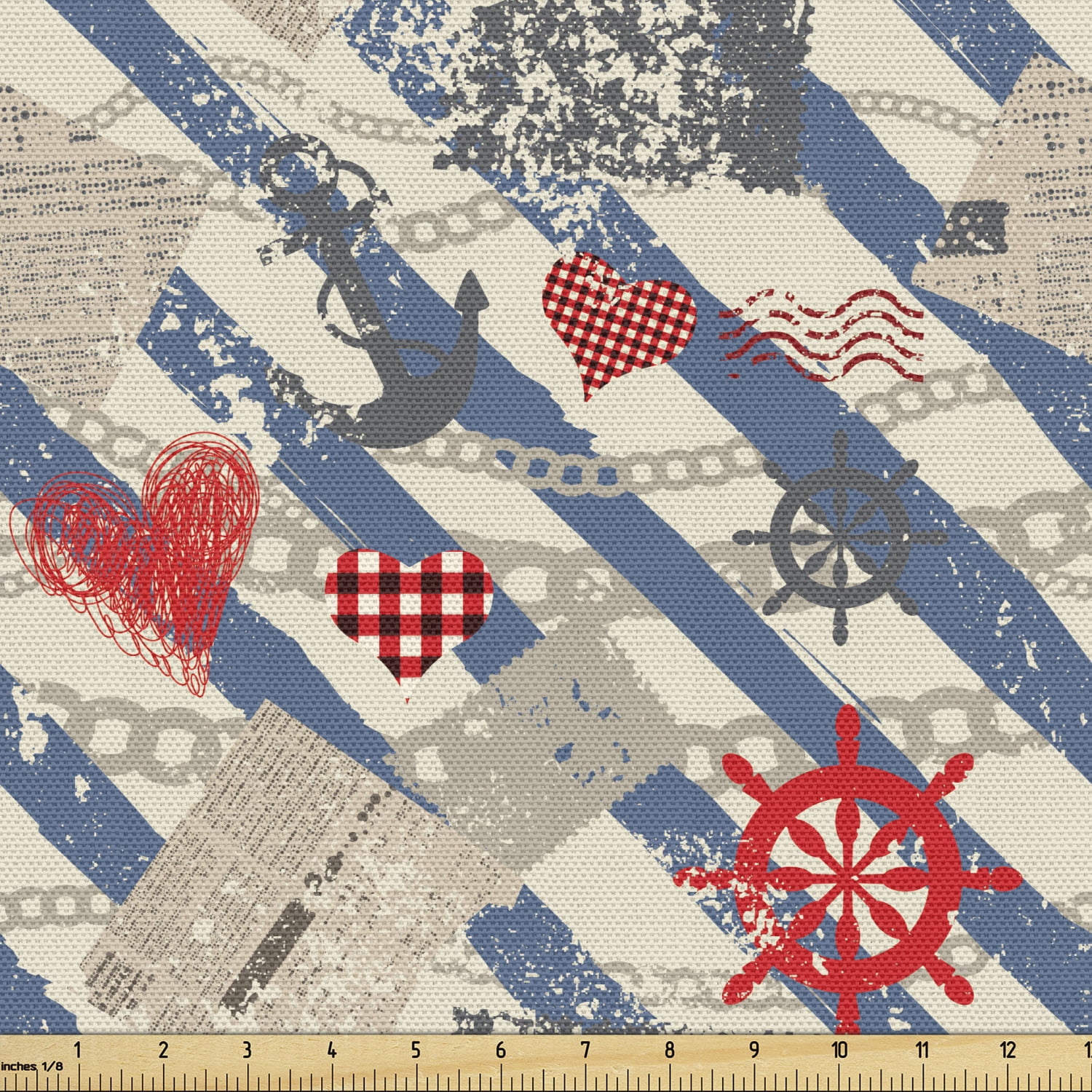 Nautical Fabric by the Yard Upholstery Sea Graphic with Grunge