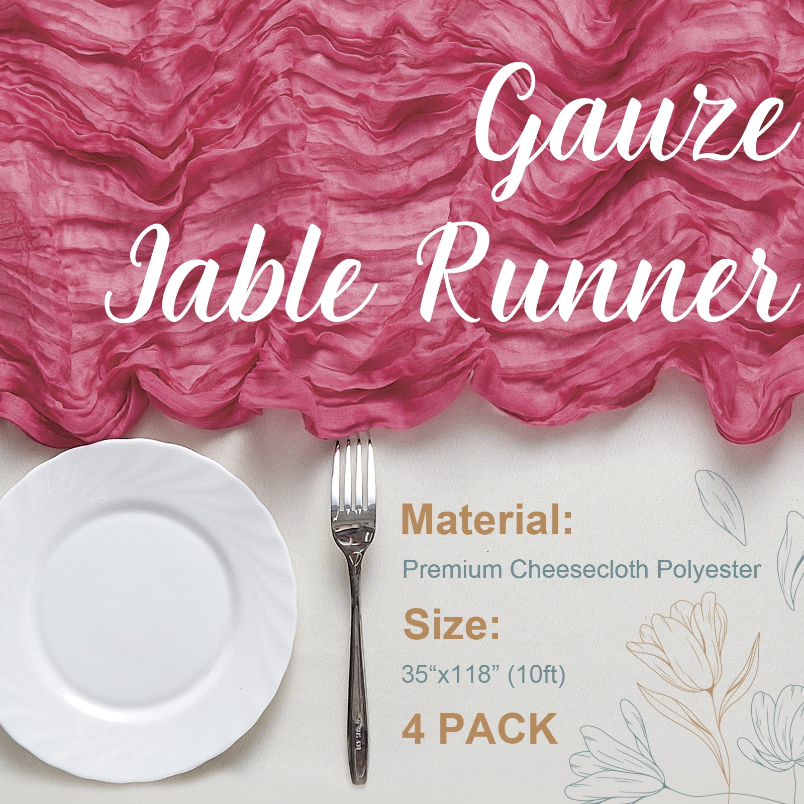 SUNTQ 4 pack Cheesecloth Table Runners,10FT Gauze Boho Cheese Cloth Table Runner for Wedding, Bridal Shower, Rustic Sheer Runner for Fall Thanksgiving Christmas Table Decoration,Fuchsia
