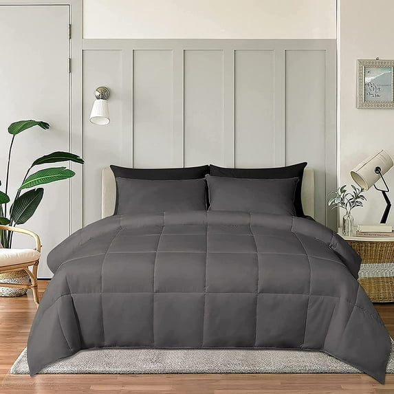 Oversized Queen 1 PC Comforter And 2 Pillowcase Solid Dark Grey Luxury Premium Collection Microfiber Fill Lightweight Duvet Insert Box Stiched Quilted Fluffy Soft All Season Cooling Comforters