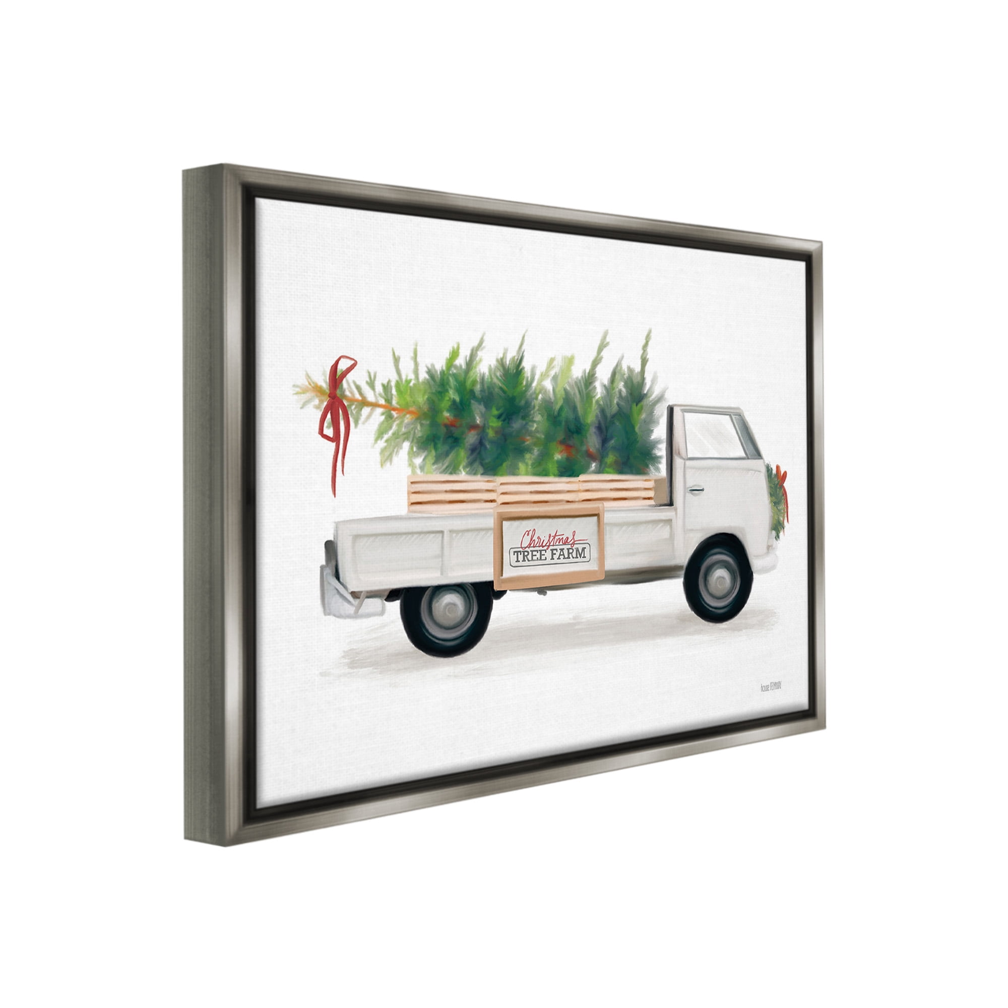 Stupell Industries Christmas Tree Farm Truck Holiday Painting Gray Floater Framed Canvas Art Print Wall Art, 31 x 25