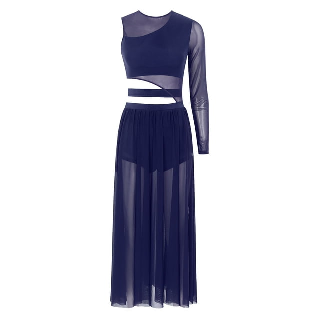 Sholeno Costumes de Danse Lyrale pour Femmes Robe Maxi de Danse Contemporaine Robe de Danse Ballet Bleu Marine G