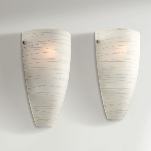 Possini Euro Design Modern Wall Light Sconces Set of 2 White Striped Glass Pocket Hardwired 13 1/4" High Fixture Bedroom Bathroom