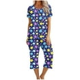 thumbnail image 2 of FAFWYP Pyjama pour Femmes, Ensembles de Pyjamas en Doux Coton, Hauts à Manches Courtes à Col Ras du Cou et Pantalons Capri, Tenue de Nuit Ensembles 2 Pcs, P-3TG, 2 of 7