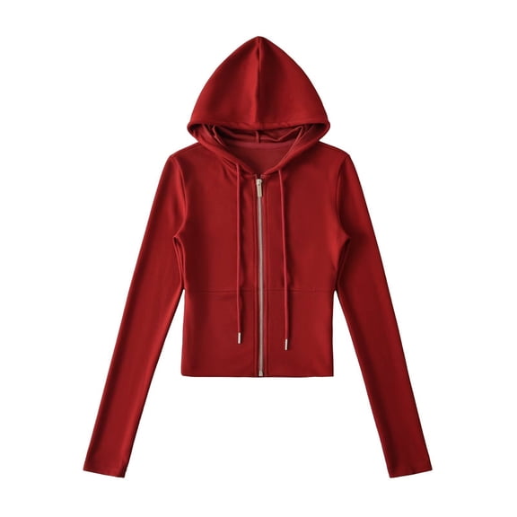 Womens Cropped Jackets Shooded Full Zip Drawstring Coat Casual Stylish Slim Outwear Fall Trendy Outfits (L, Wine)