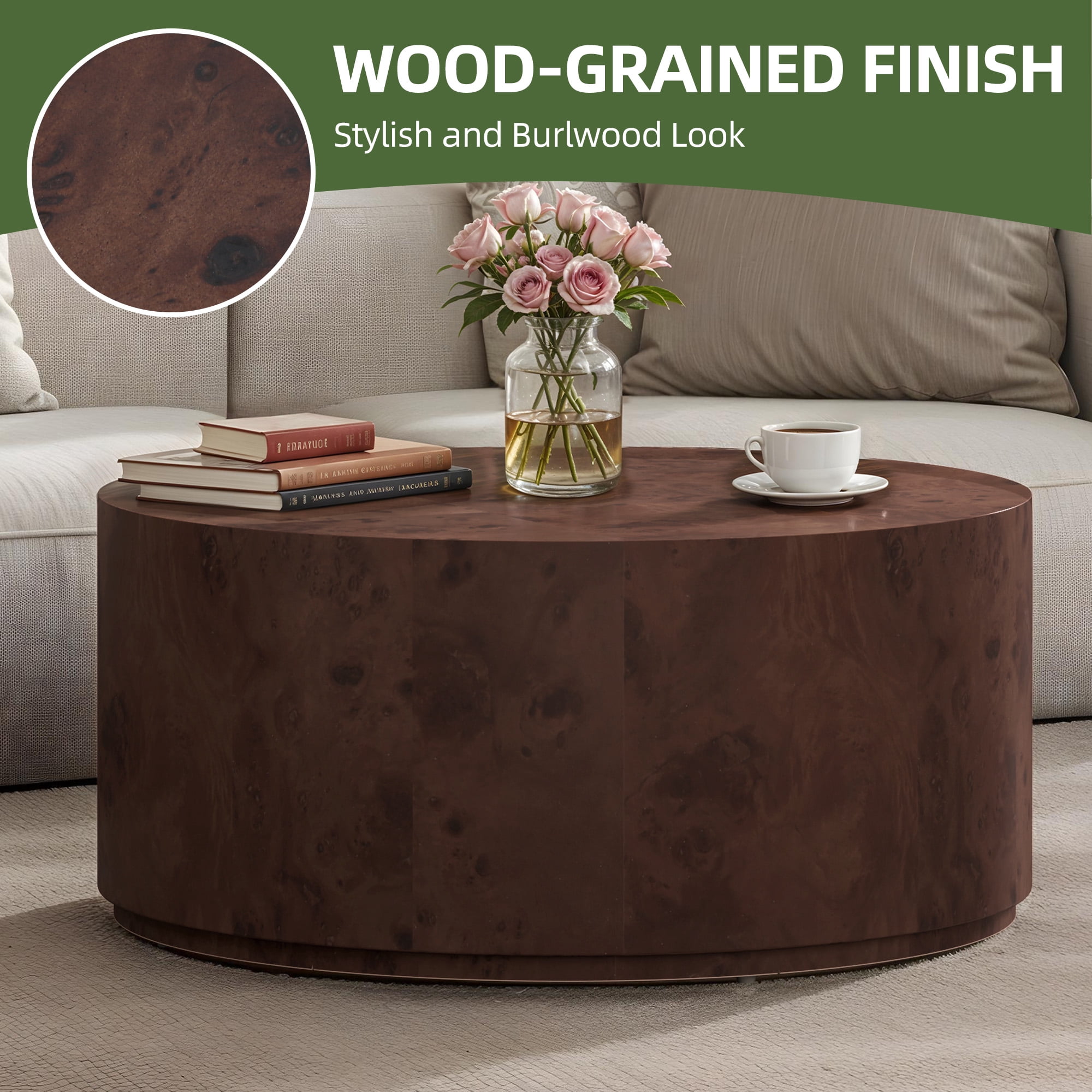 Uforic 16''H Burl Wood Coffee Table, Natural Coffee Side Table For Living Room Bedroom, Brown