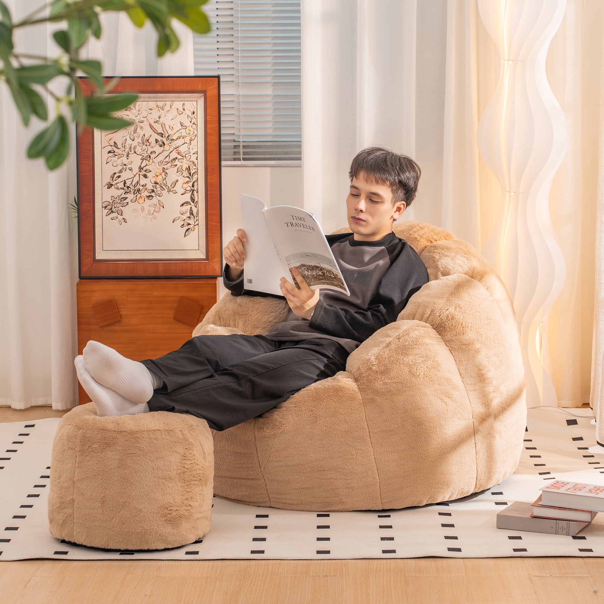Giant Bean Bag Chair, Oversized Bean Bag Couch for Adults and Kids, Faux Fur Shell-Shaped Large Bean Bag Chair with Filler, Stuffed Big Accent Sofa Chair Floor Sofa for Gaming, Reading