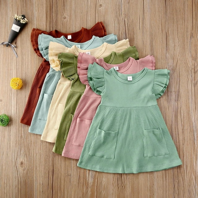 Robe d'Été pour Bébé Fille Couleur Unie Manches lotus Longueur Genou Robe Princesse