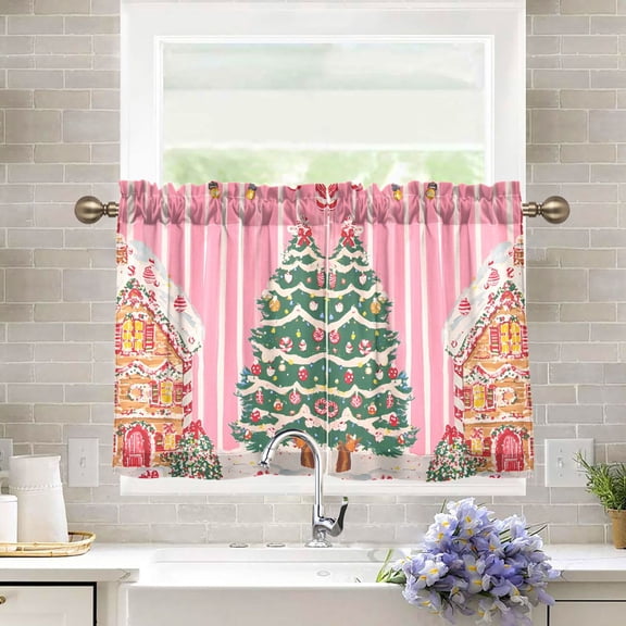 Yayeee Kitchen Curtains Tier Pair Light Filtering 27"x36" Rod Pocket Short Cafe Window Panel, Brown Gingerbread House