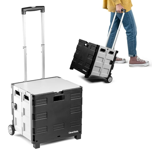 CleverMade Caisse à Roulettes Pliable avec Couvercle, 2 Roues - Caisse Roulante Stable avec Poignée et Grandes Roues pour Articles Fragiles, Charges Lourdes et Rangement Facile - Capacité de 35L et 75lb, Noir/crème