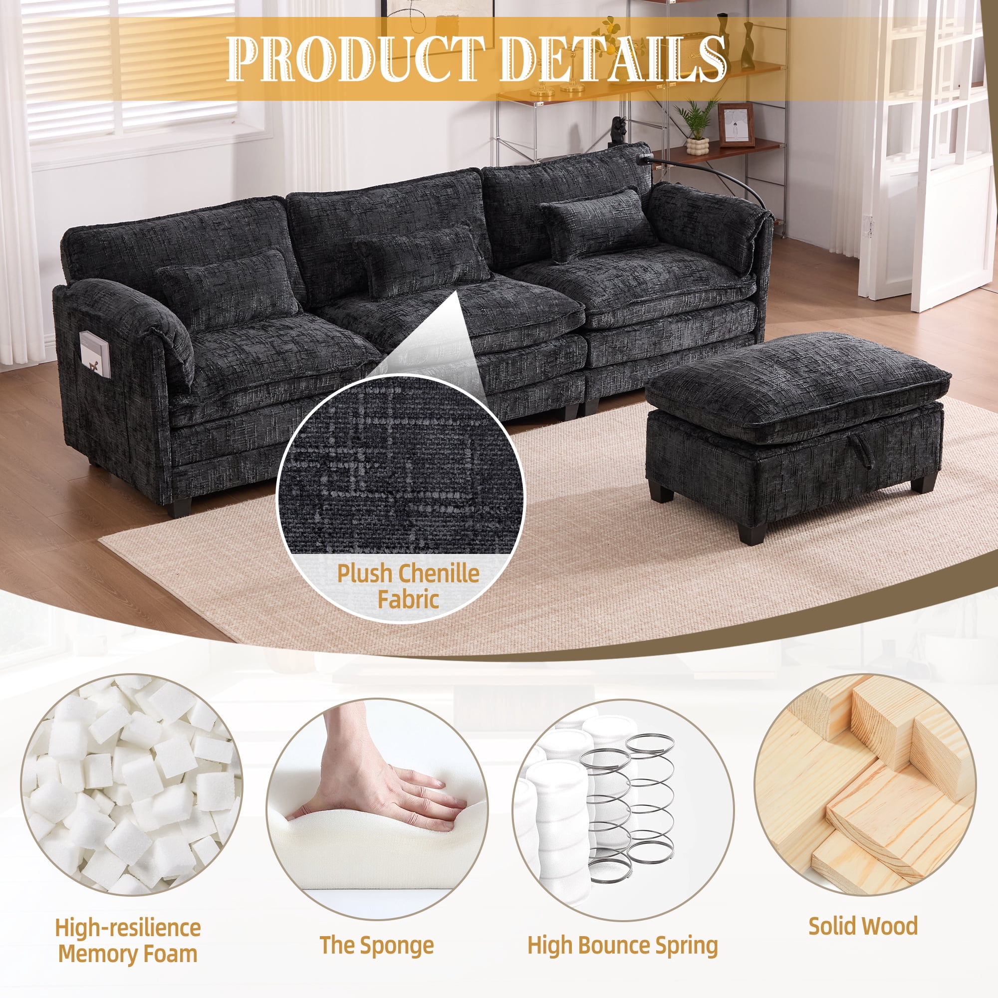 MOONMISS Chenille Upholstered L-shaped Modular Sectional Sleeper Sofa with Movable Storage Ottoman,USB&TYPE-C-Black