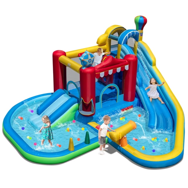 Costway Inflatable Water Park with Splash Pool, Water Cannon, Basketball Rim, Climbing Wall Multi-Color