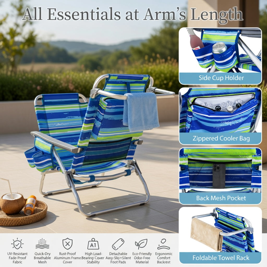 Hommoo 2-Pack Portable Beach Chairs with 5-Position Recline, Padded Headrest, Insulated Cooler Bag & Towel Hanger, Blue & Green