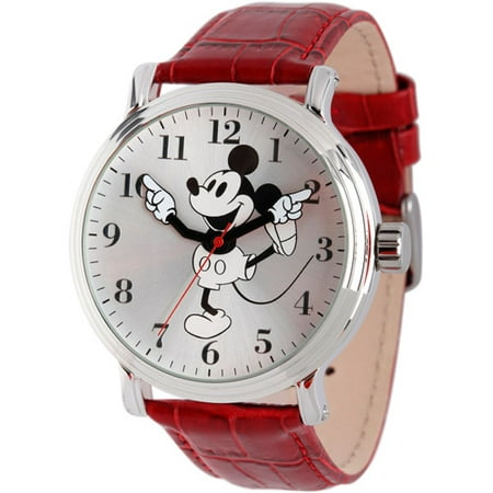 Mickey Mouse Men's Shinny Silver Vintage Articulating Alloy Case Watch, Red Leather Strap