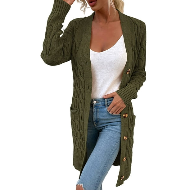 Cárdigan Largo De Punto De Gran Tamaño Para Mujer, Manga Larga, Bolsillo Verde Ejército S Yuyangstore Chaqueta de punto