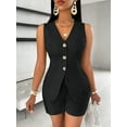 thumbnail image 4 of Women'S Summer 2 Piece Outfits Sleeveless Matching Sets Button Down V Neck Vest Waistcoat and Pockets Shorts Black S, 4 of 8