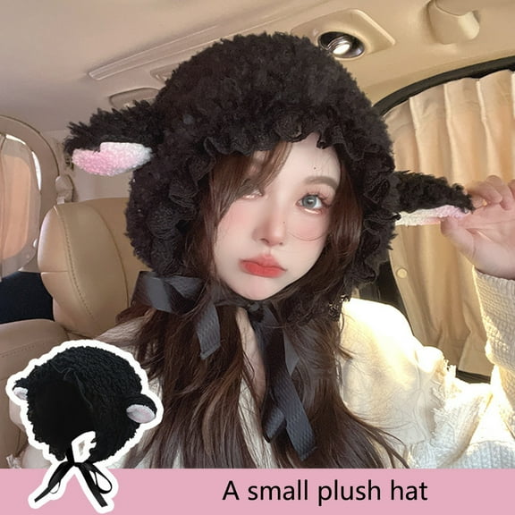 Opvise Ladies Hat Photo Prop Sheep Ear Decor Solid Color Fluffy Thick Keep Warm Windproof Adjustable Winter Hat for Students Black