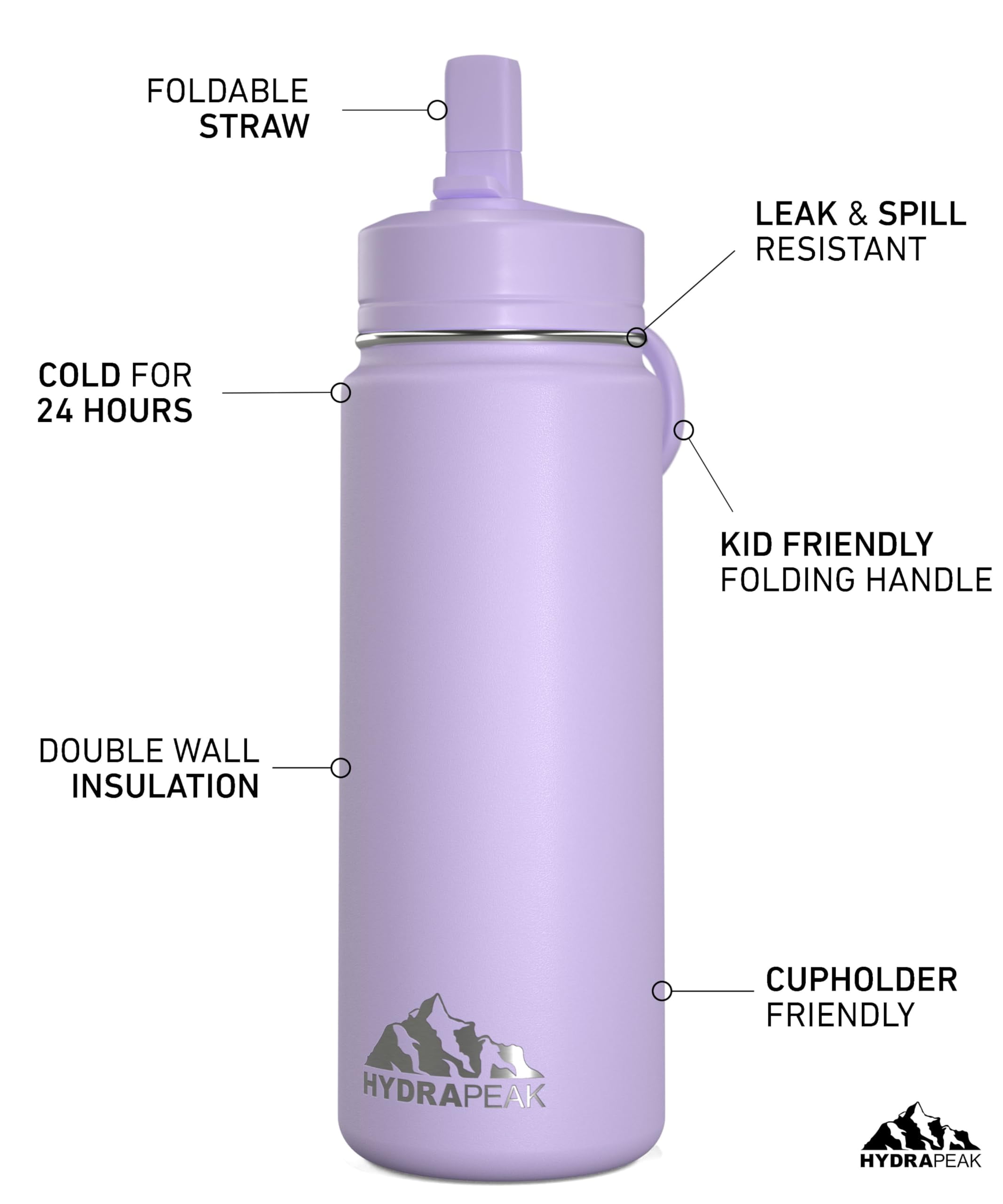 Hydrapeak Mini 20oz Kids Water Bottle with Straw Lid, Stainless Steel Double Wall Insulated Water Bottle for Kids | Leak-Proof and Spill-Proof Kids Water Bottle for School, Cold for 24 Hrs (Lavender)