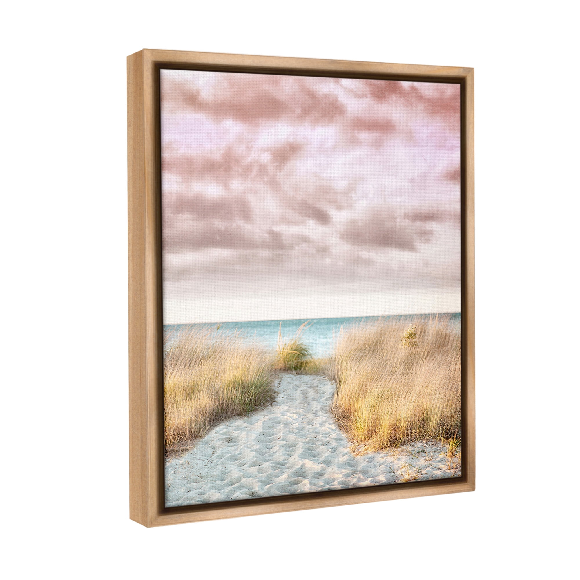 Stupell Industries Beach Path with Pink Sky Landscape Photography Brown Floater Framed Canvas Art Print Wall Art, 25 x 31