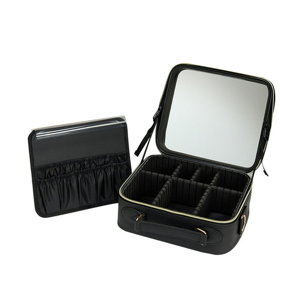 Estuche organizador de maquillaje, estuche de tocador con divisores ajustables, caja de almacenamiento de cosméticos de cuero PU para herramientas de Negro