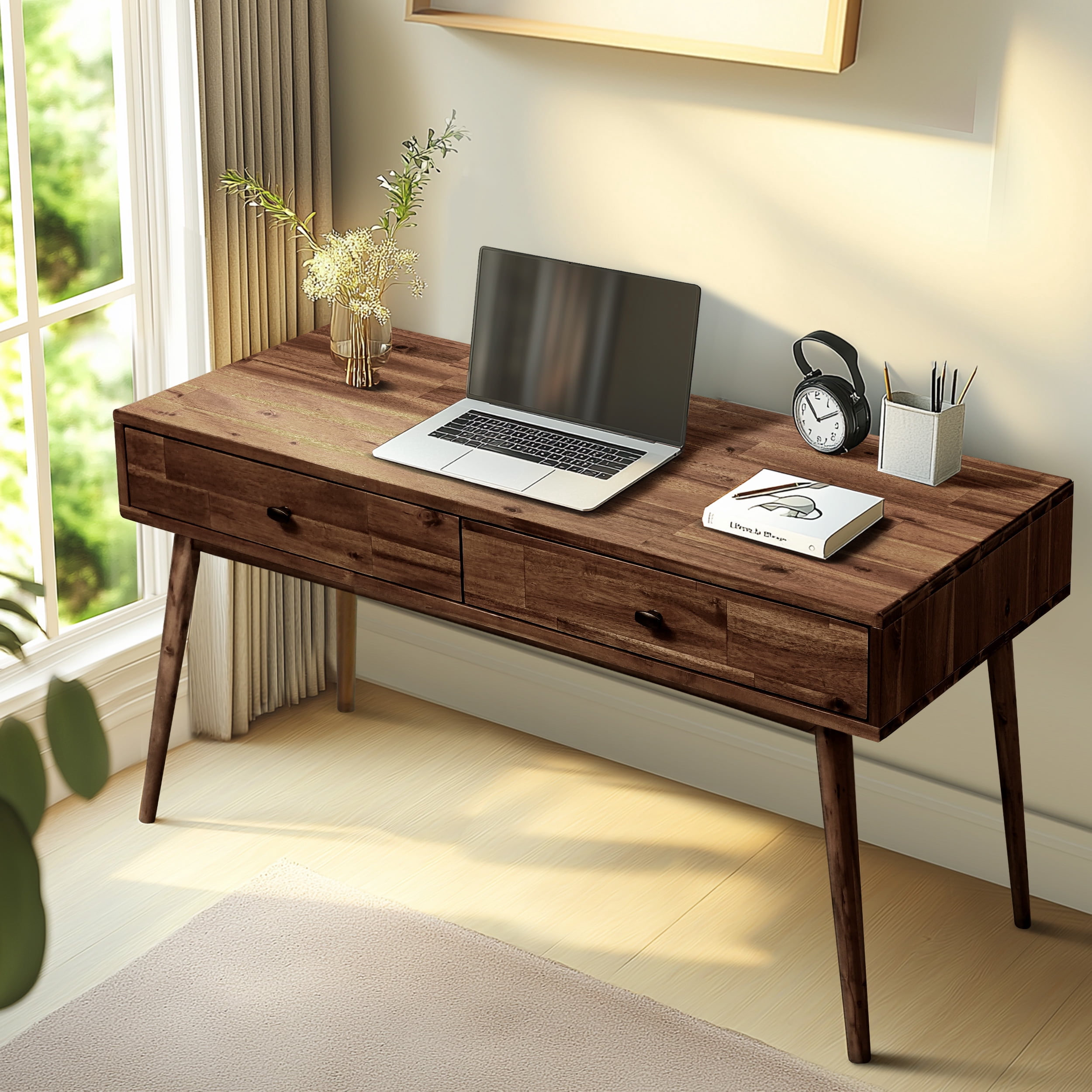 Acacia Lagom 48" Solid Wood Work Desk with Drawers Office Desk for Home Office, Walnut