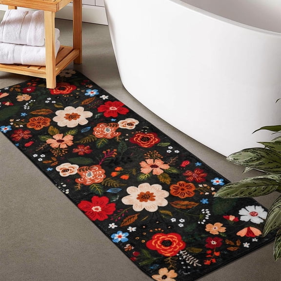 Flower Bathroom Runner Rug Non Slip, Large Long Bathroom Rug Cute Floral Bath Mat for Bedroom Hallway Kitchen, Soft Plush Washable Black Shower Rug