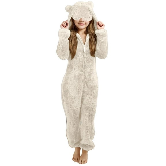 Coerni Girls Halloween Jumpsuit Fleece Bear Hooded Romper Kids Fuzzy Animal Onesi𝐞 Zip Up Flannel Sherpa Winter Warm Furry Suit