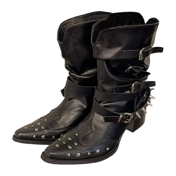 Dakaela Women's Wide Mid Calf Boots Square Toe Buckle Slouchy Dress Booties Winter Goth Punk Shoes