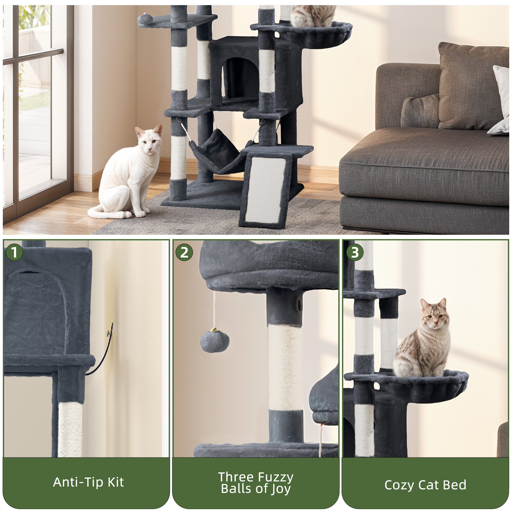 Uforic 75" Tall Cat Tree, Multi-Level Cat Tower with Condos, Hammocks, Scratching Posts, Dark Gray