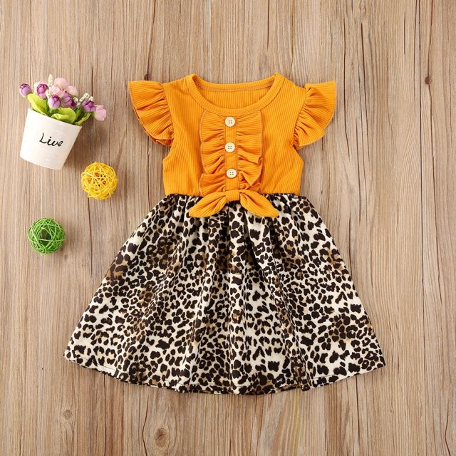 Robe Patchwork Léopard pour Nouveau-Nés, Enfants, Bébés Filles, Été, Mode, Imprimée, Manches Volantées