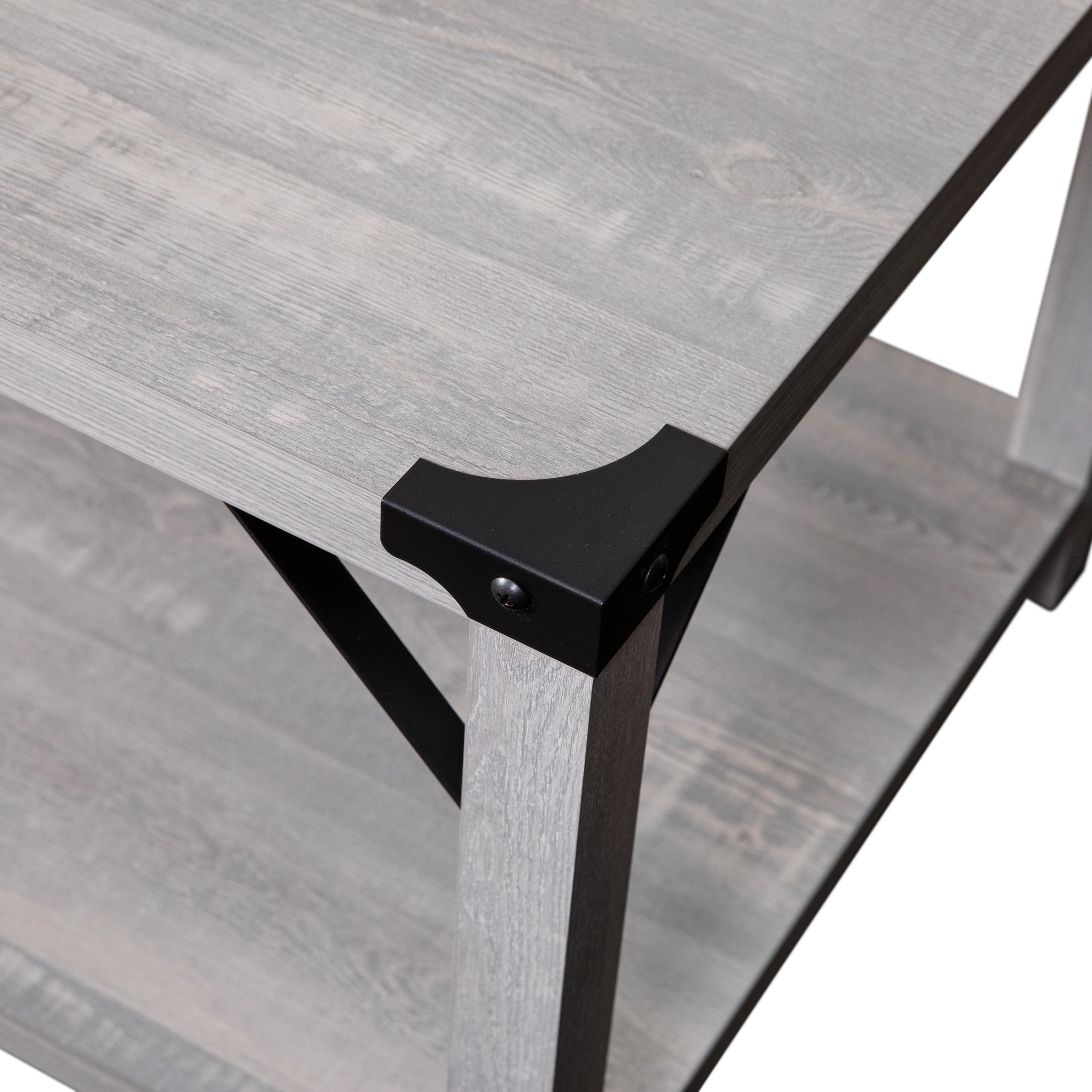 BizChair Modern Farmhouse Wooden 2 Tier Coffee Table with Black Metal Corner Accents and Cross Bracing, Aspen Gray
