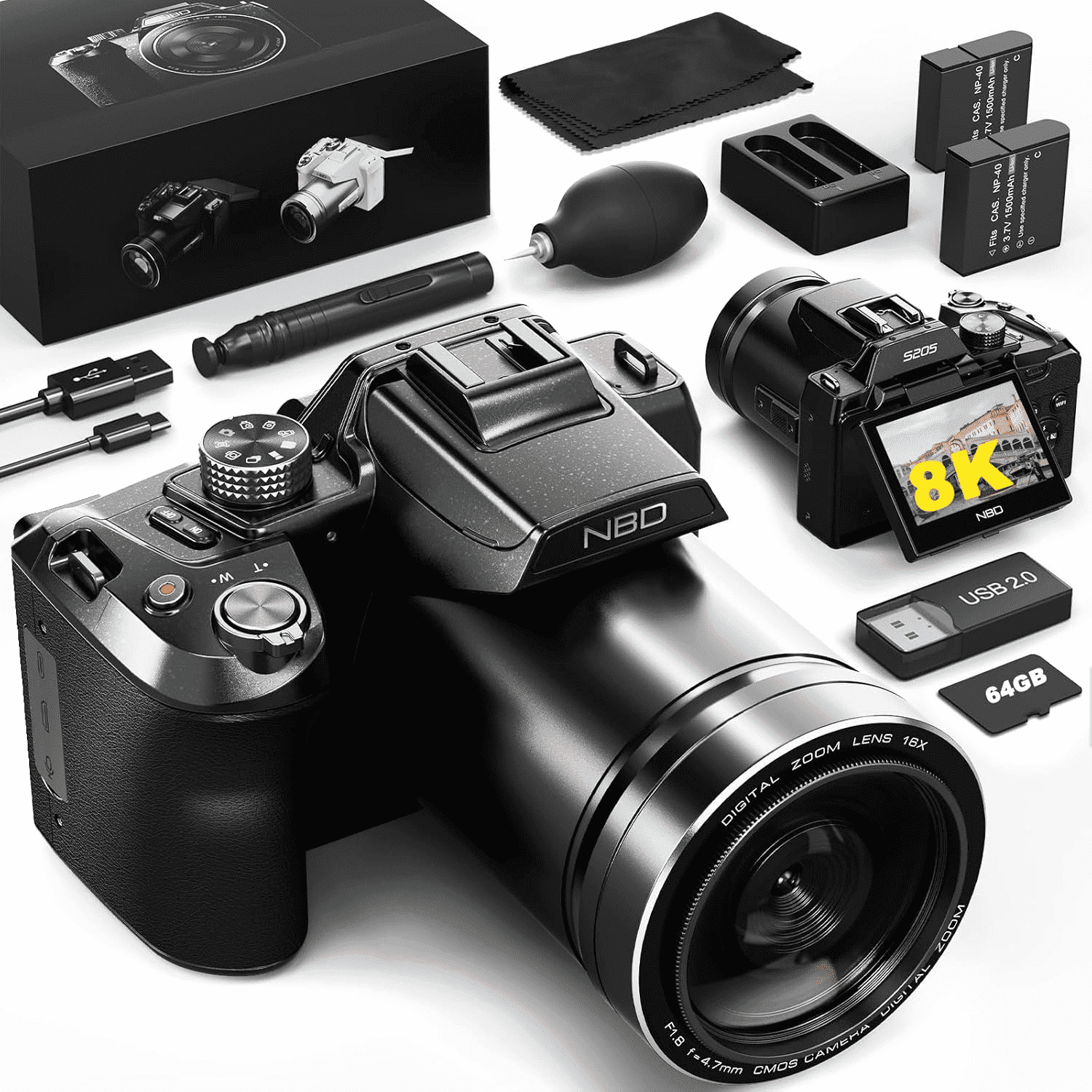 NBD 8K Digital Camera for Photography, 64MP Autofocus Camera with WiFi & App Control, 16X Zoom, Anti-Shake, Flash, SD Card and 2 Batteries