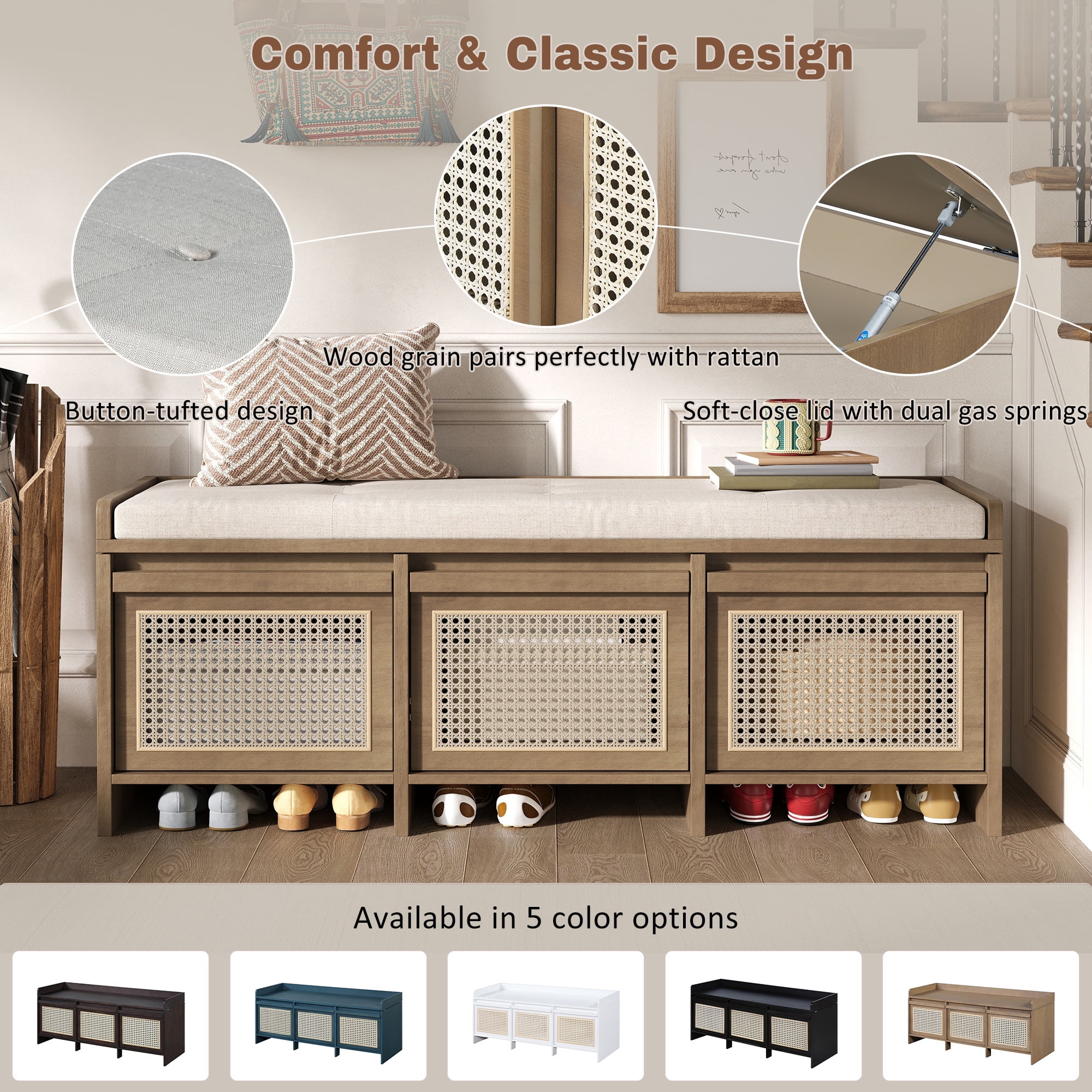 Euroco 48" Shoe Storage Bench, Retro Entryway Bench with 3 Rattan Drawers,Lift Top Storage & Removable Upholstered Cushion,Wooden Shoe Rack Bench for Living Room, Hallway, Foyer,Natural