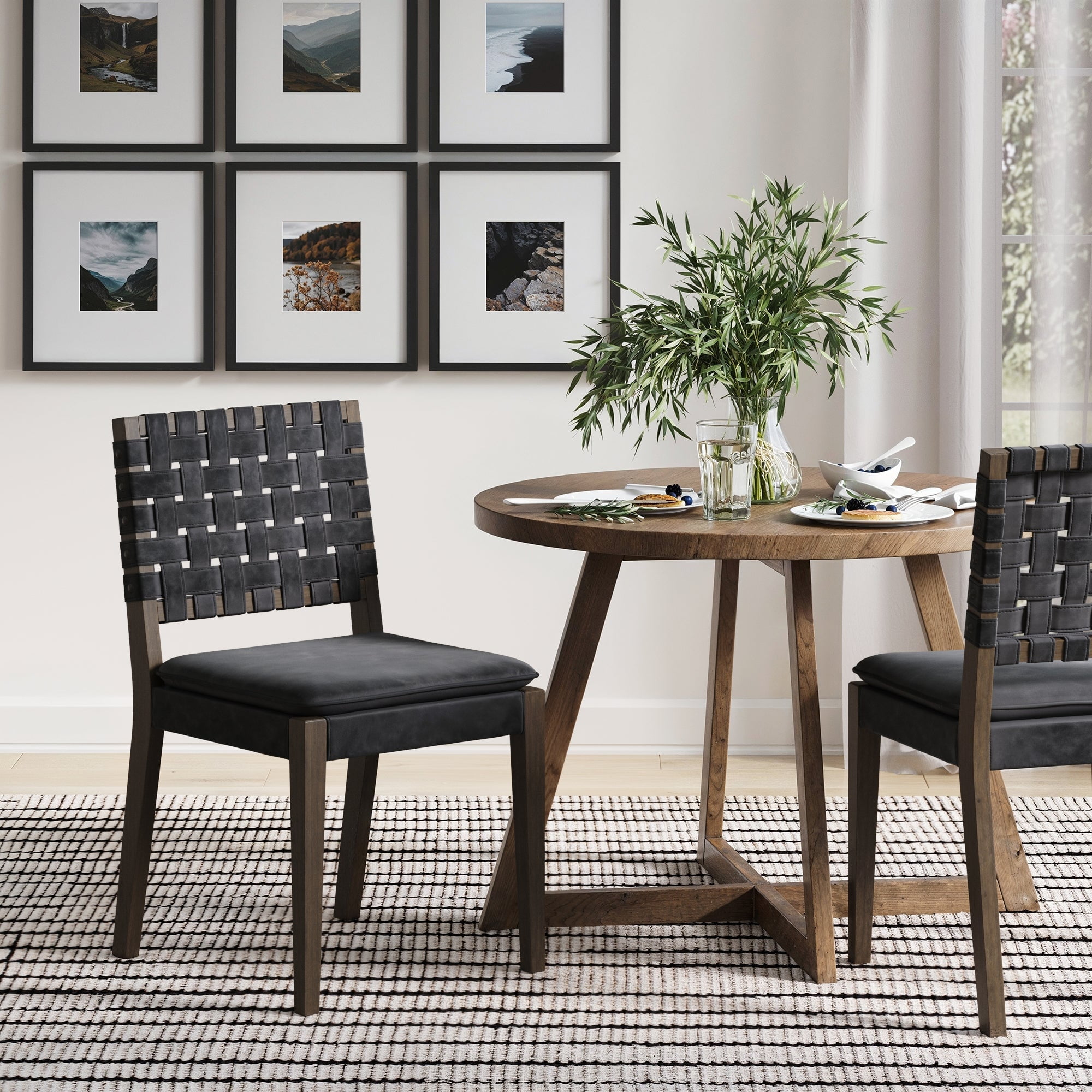 Nathan James Cohen 19 in. Wood Dining Chair, Mid-Century Modern Upholstered Side Chair with Hand Woven Faux Leather Backrest, Black