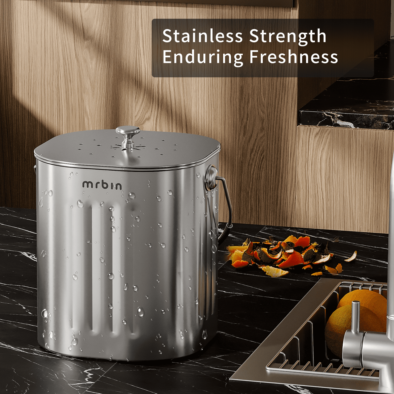 Mrbin All Stainless Steel Compost Bin Kitchen Countertop Trash Can with Lid and Charcoal Filter, Metal Small Indoor Rubbish Dustbin for Food Waste Recycle