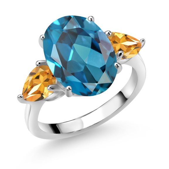 Gem Stone King 925 Sterling Silver London Blue Topaz and Yellow Citrine Ring for Women (8.18 Cttw, 14X10MM Oval and 7X5MM Pear Shape, Gemstone November Birthstone, Size 9)
