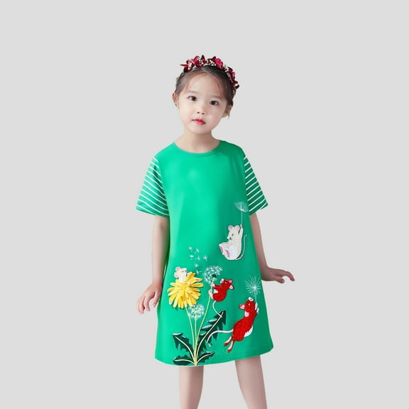 WOYY Girl's Animal Embroidery Short Sleeve A-Line Dress Summer Casual Dress, Sizes 2-8