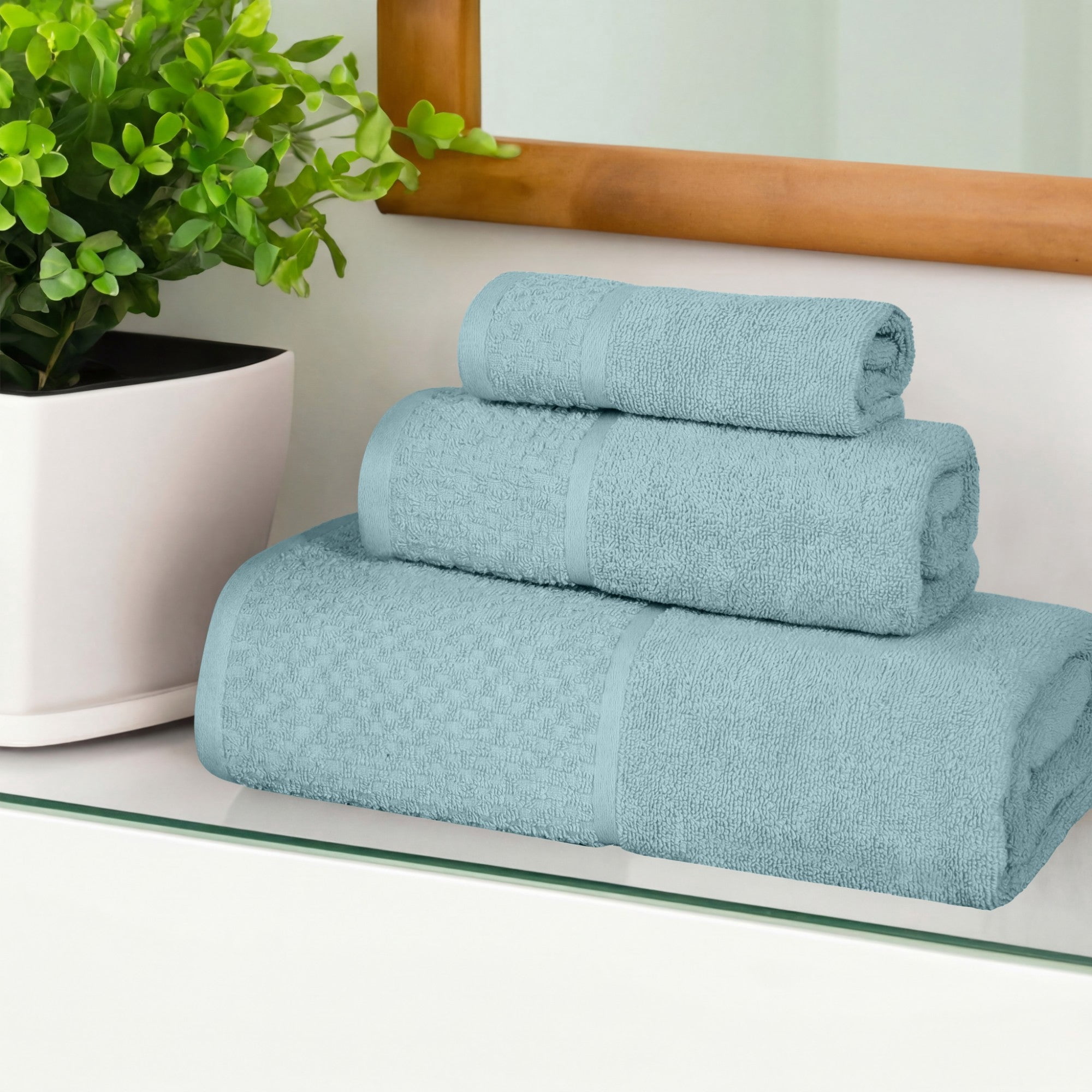 Superior Modern Cotton 3 Piece Bathroom Towel Set Medium Weight Solid, Cyan