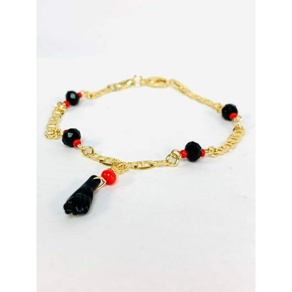 Mariner Link Azabache Bracelet / Womens Azabache Bracelet 7.5" Good Luck & Protecton Jewelry / Evil Eye Bracelet for Protection / Pulsera con Azabache Oro Laminado / Bracelet with Simulated Azabache