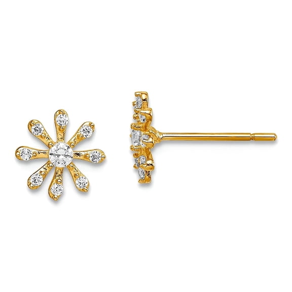 14k Solid Yellow Gold Cubic Zirconia Flower Post Earrings 7.8mm long Stud Earring for Women