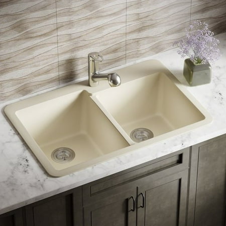 MR Direct Granite Composite 33'' L x 22'' W Double Basin Drop-In Kitchen Sink with Basket (Best Granite Composite Sinks)