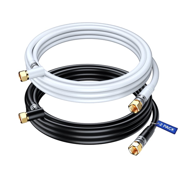 Maximm RG6 Coaxial Cable with 90-Degree Right Angle Connector, 12 ft, Black and White, 2-Pack
