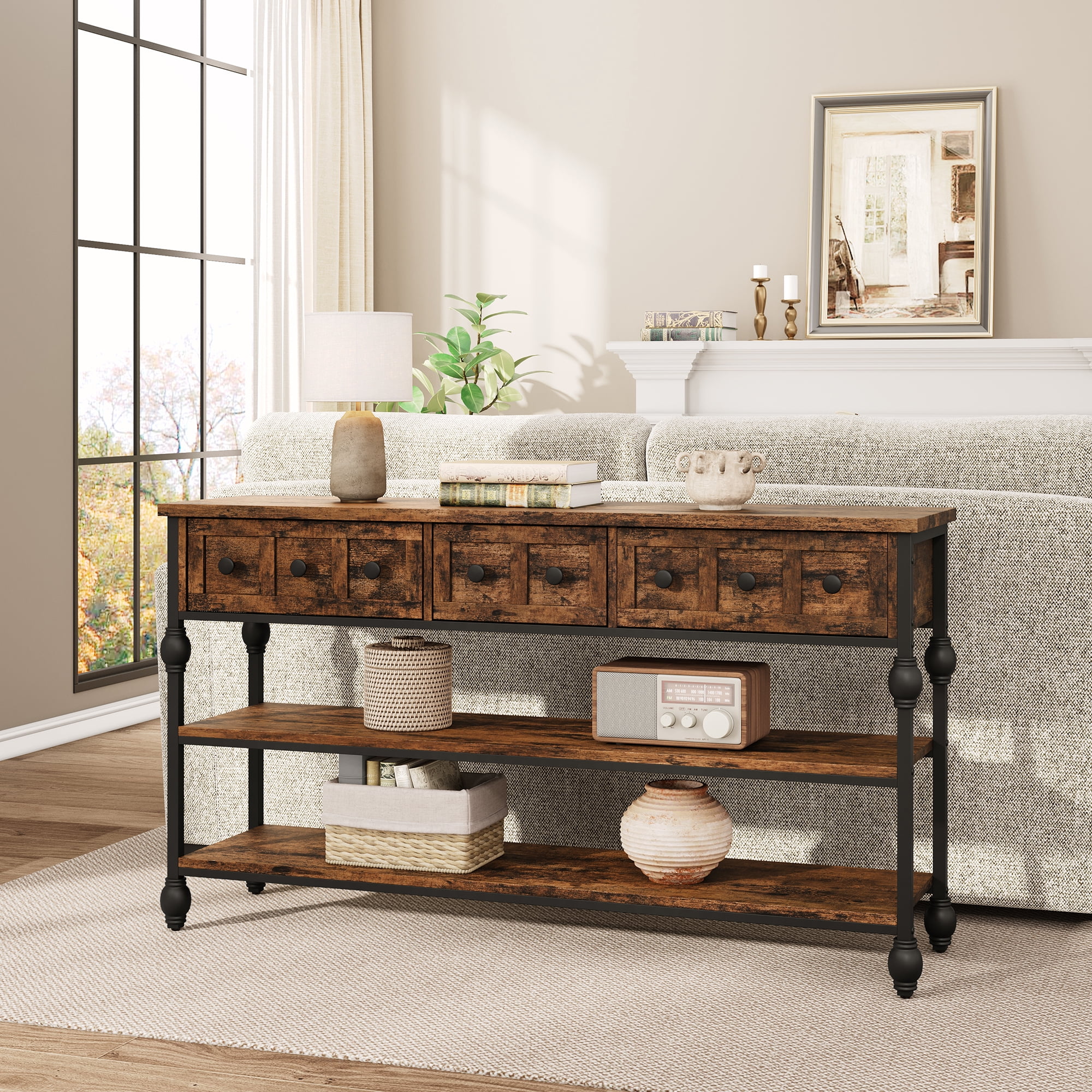 52.5 Inch Long Console Tables for Entryway with 3 Drawers, 3-Tier Industrial Metal Frame Sofa Table with Roman Column Legs for Hallway, Living Room, Foyer, Retro