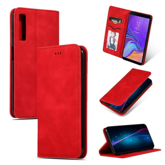 Samsung Galaxy A7 2018 Case, Dteck Smooth PU Leather Flip Folio Wallet Card Slots Case Cover Stand Feature & Magnetic Closure For Samsung Galaxy A7 2018, Red
