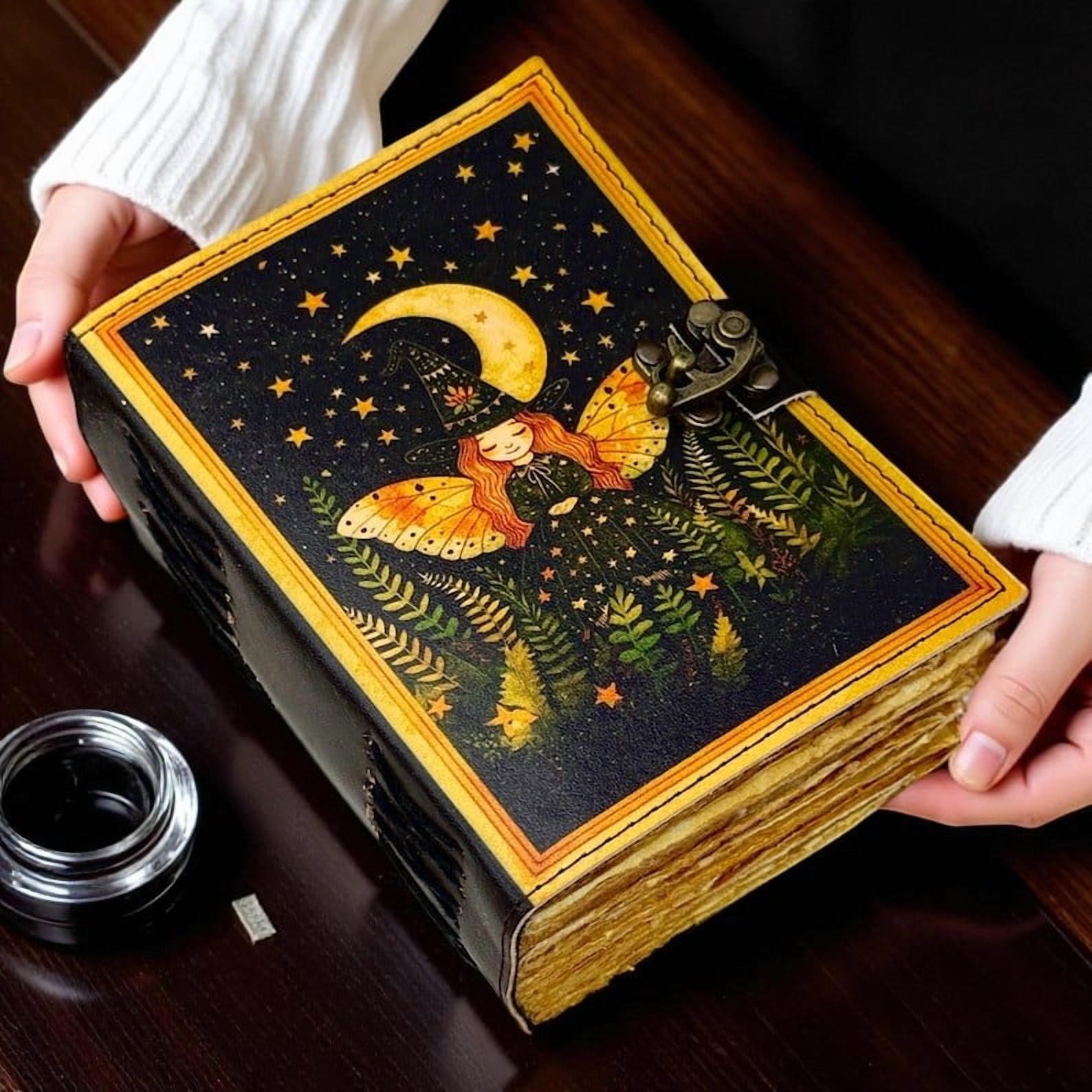 Witchy Leather Grimoire Journal – Handmade 5x7 Inch Spellbook, 200 Deckle Pages, Wiccan Pagan Notebook, Gothic Witchcraft Journal,