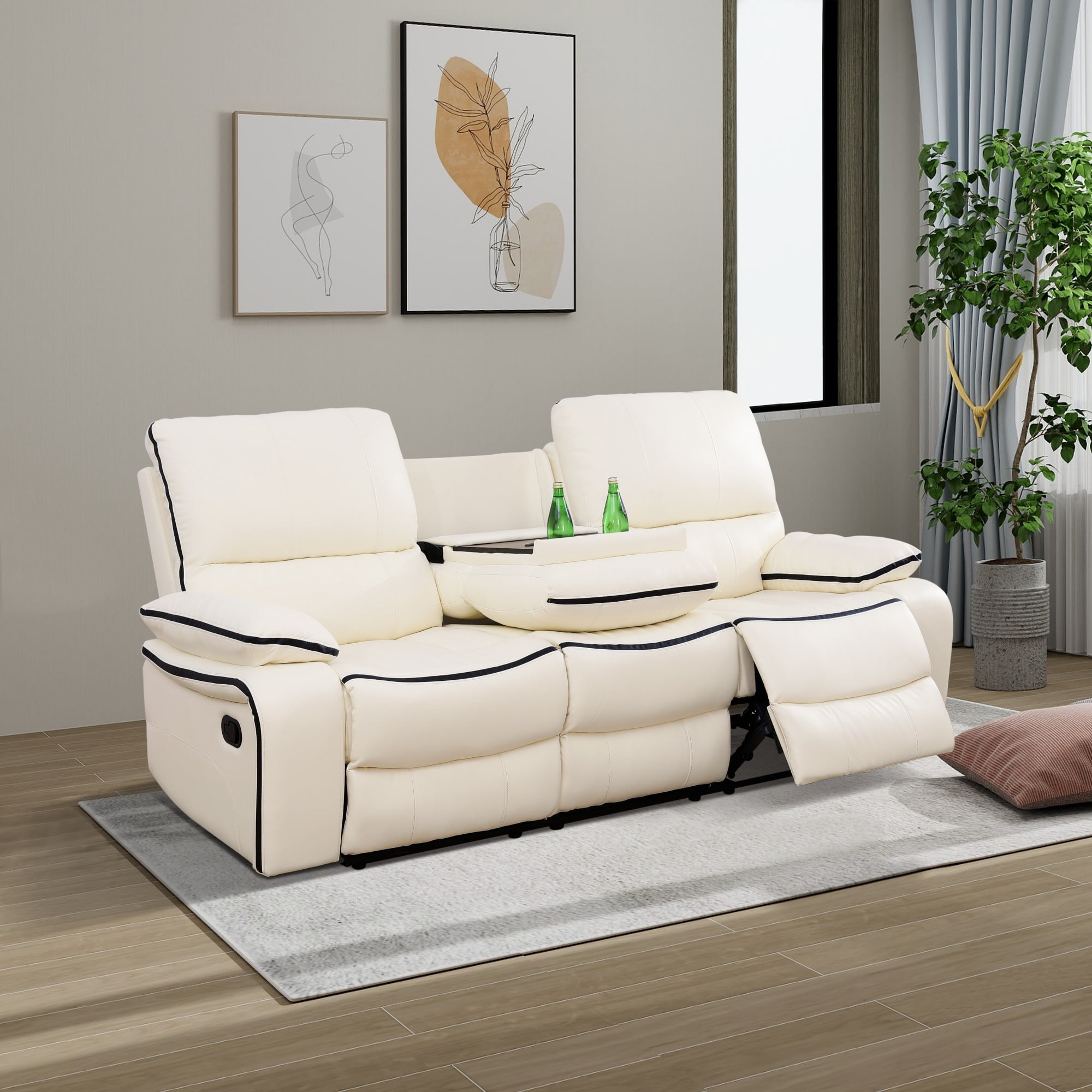 Gewnee 3-Seat Smart Sofa, Air Leather & Solid Wood Frame, Flip-Up Center Seat with Cup Holder, Adjustable Recline for Living Room, Off-white
